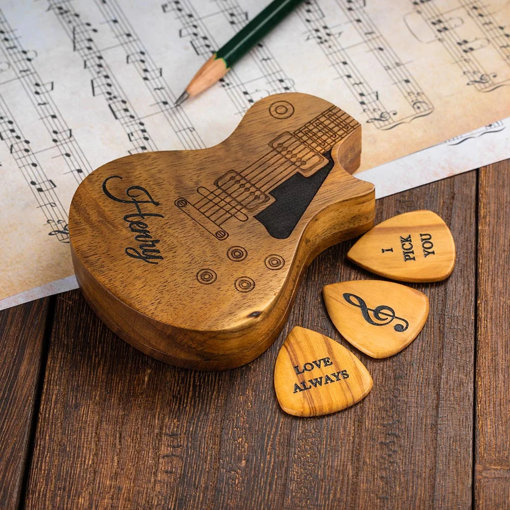 Personalised Wooden Guitar Picks with Storage Case Engraved Holder Box for Pick Set Gift for Guitar Player Musician Birthday Gift Idea