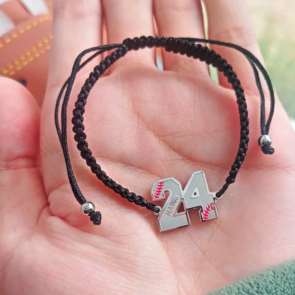 Personalised Braided Rope Baseball Adjustable Bracelet with Engraved Name Number Birthday Gift for Baseball Players Sport Lovers