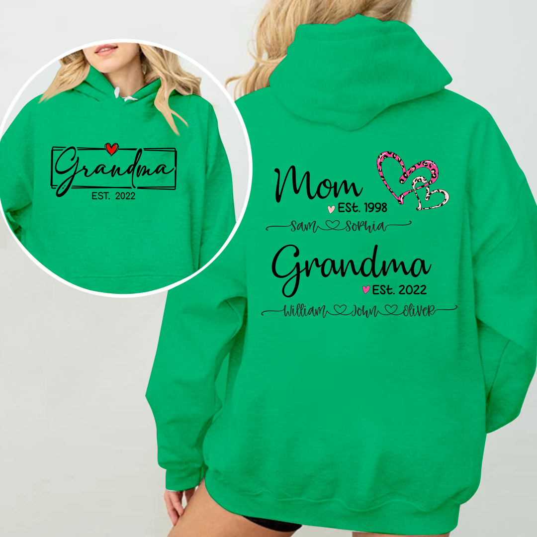 Personalized Mom Est. & Grandma Est. Hoodie with Kids' Names - Pink Leopard Heart Design - Custom Family Gift