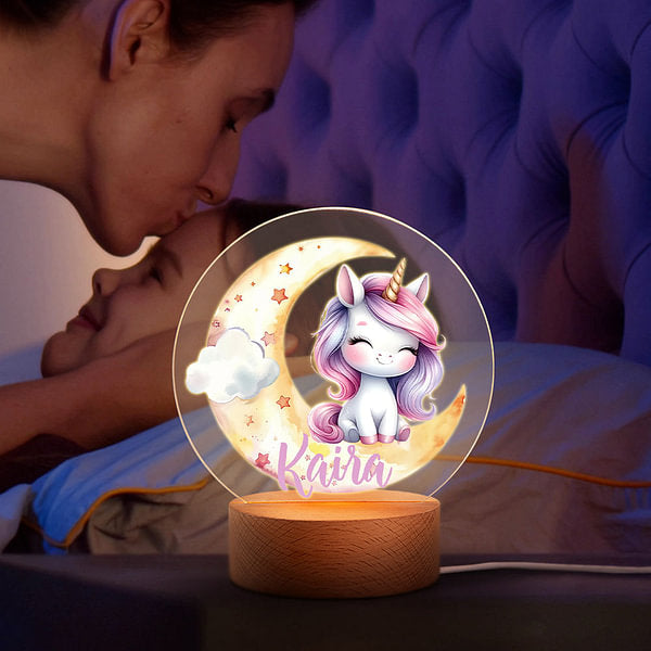 Personalised Fantasy Unicorn Dreamy Moon LED Night Light with Wooden Base and Name Nursery Decor Birthday Baby Shower Gift for Girls