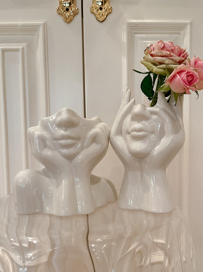 “Her” & Angelica Ceramic Vase Set of 2 decorated with pink flowers.