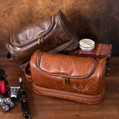 Personalised Waterproof Portable Men's PU Leather Cosmetic Toiletry Bag with Monogram Birthday Groomsmen Gift for Him