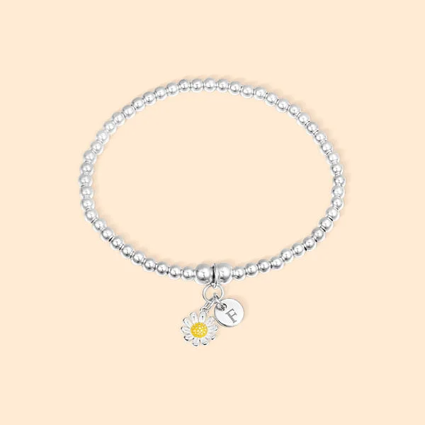 Personalized Beaded Bracelet with Daisy Charm And Engraved Initial Gift for Her Baby Shower