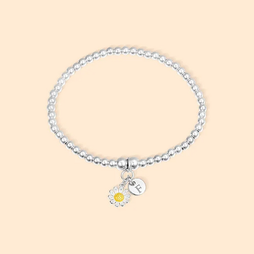 Personalized Beaded Bracelet with Daisy Charm And Engraved Initial Gift for Her Baby Shower