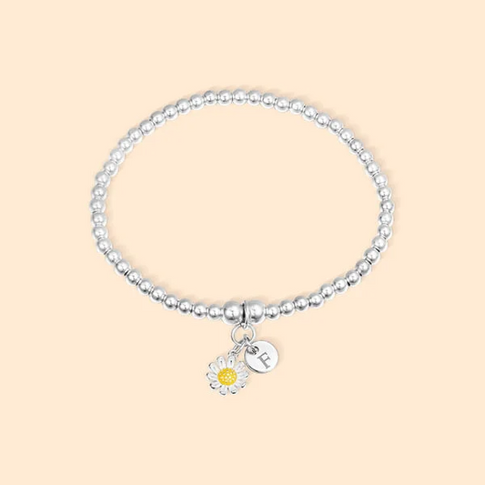 Personalized Beaded Bracelet with Daisy Charm And Engraved Initial Gift for Her Baby Shower