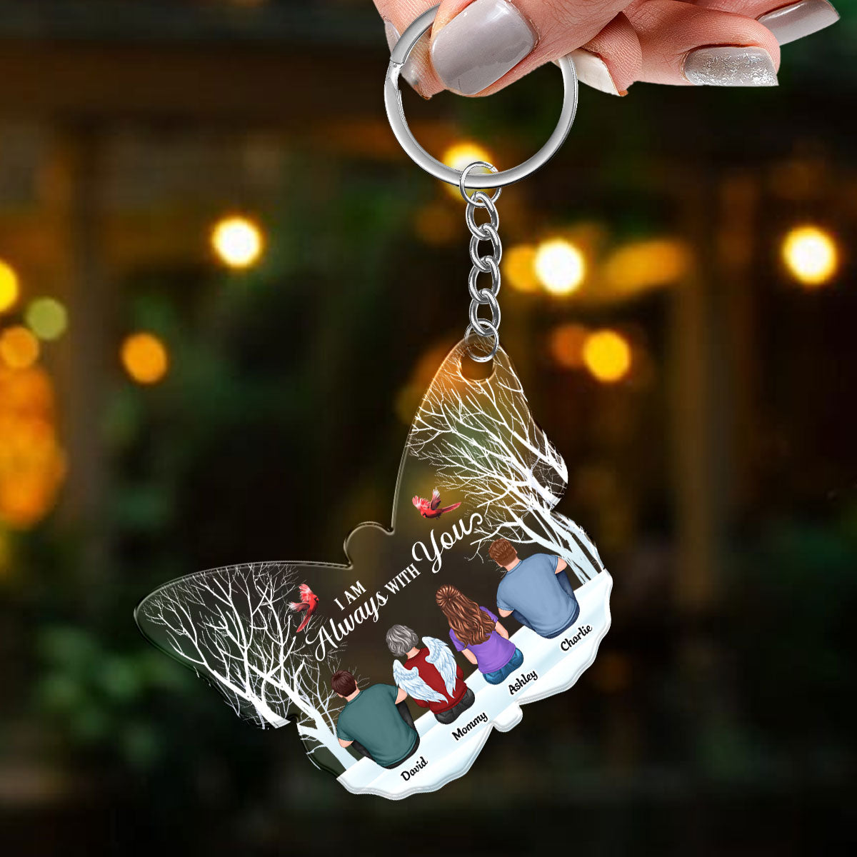 Always With You Memorial Family Back View Personalized Butterfly Shaped Acrylic Keychain