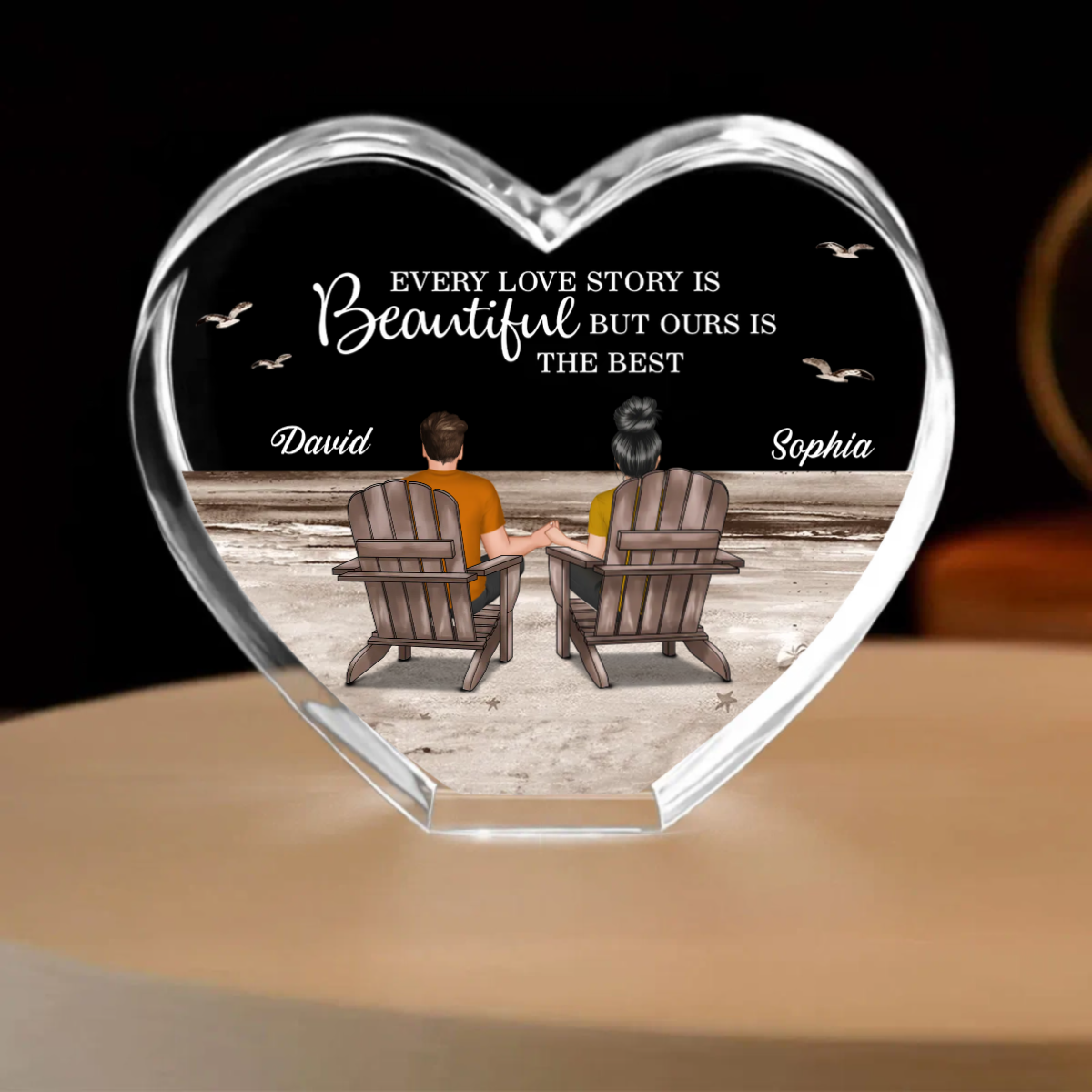 Couple Sitting At Beach Personalized Premium Crystal Heart LED, A Timeless Treasure Full of Emotion