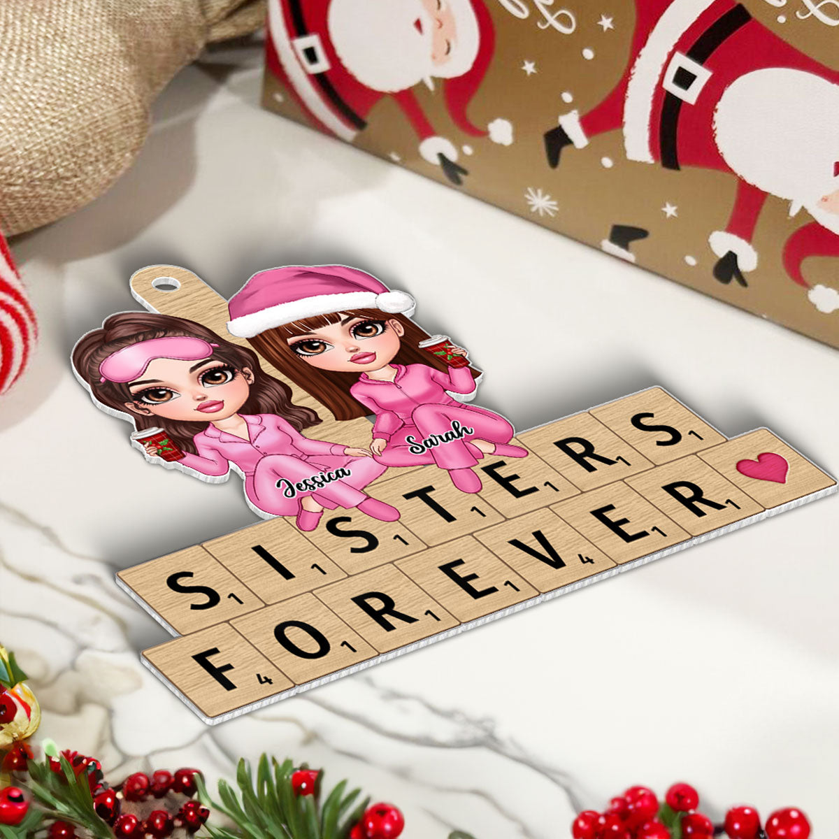 Pink Besties Sisters Sitting On Puzzple Words Personalized Acrylic Ornament, Christmas Gift For Best Friends, Sisters, Besties