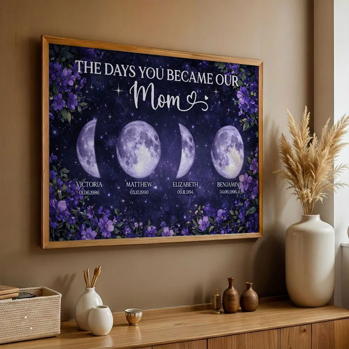 Purple Flowers The Day You Became Mom Grandma Custom Birth Moon Phase - Personalized Poster - Mother's Day Gift For Mom, Grandma