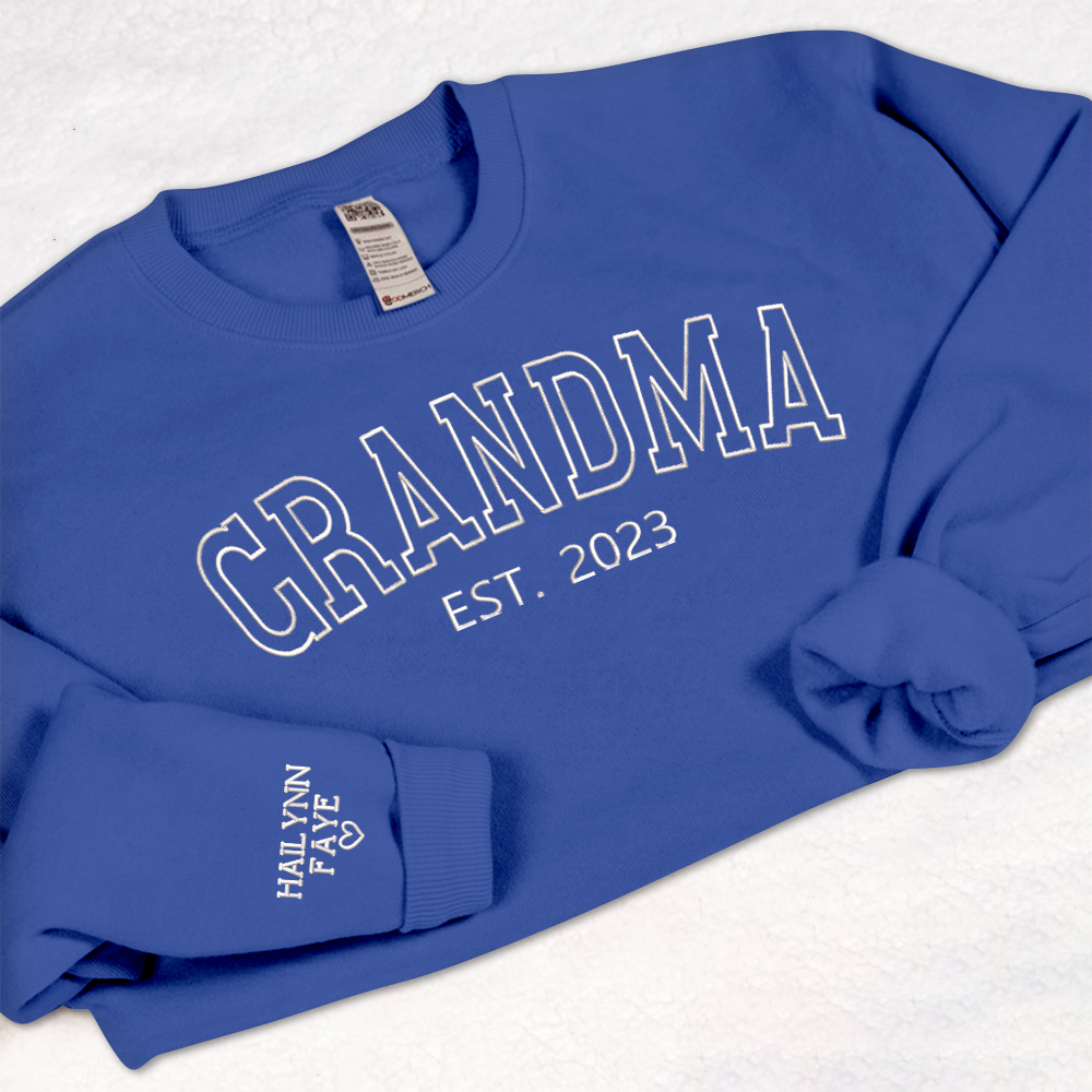 Personalized Grandma Embroidered Sweatshirt, Custom Grandma Est And Kids Name On Sleeve Sweatshirt, Mother's Day Gift For Grandma Mimi Nana Gigi Gaga