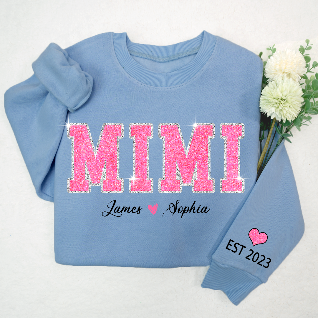 Personalized Mimi Pink Glitter, Custom Grandma Est With Kids TH Sweatshirt