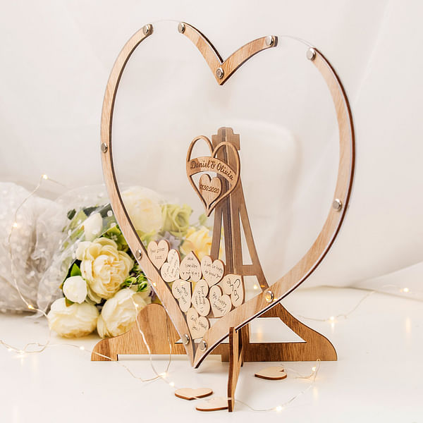 Personalized Wedding Handmade Wooden Guest Book with Hearts and Engraved Box Alternative Wedding Decor