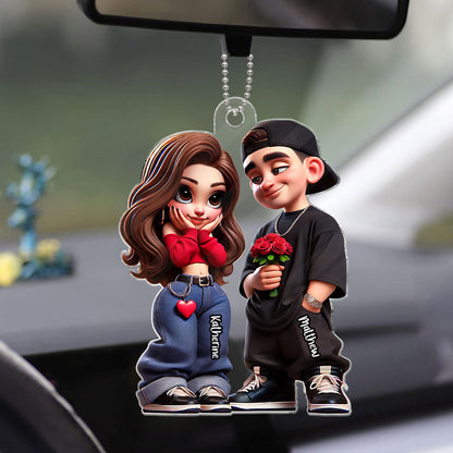 3D Effect Y2K Couple Personalized Acrylic Car Hanger, Valentine's Day Gift For Couple, For Him, For Her