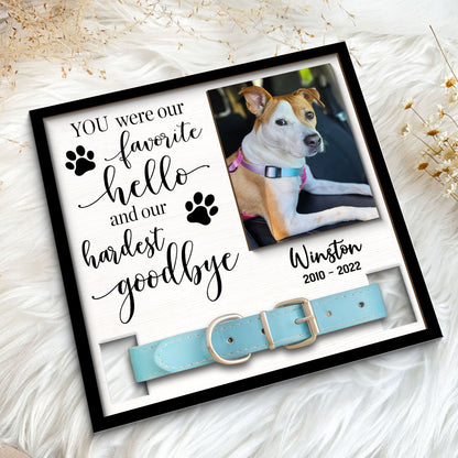 Our Favorite Hello Hardest Goodbye Dog Cat Sympathy Gift Photo Memorial Collar Keepsake Personalized Wooden Pet Collar Holder