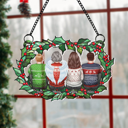 Family Sitting Back View Holly Branch Personalized Suncatcher, Heartfelt Memorial Gift For Your Loved One