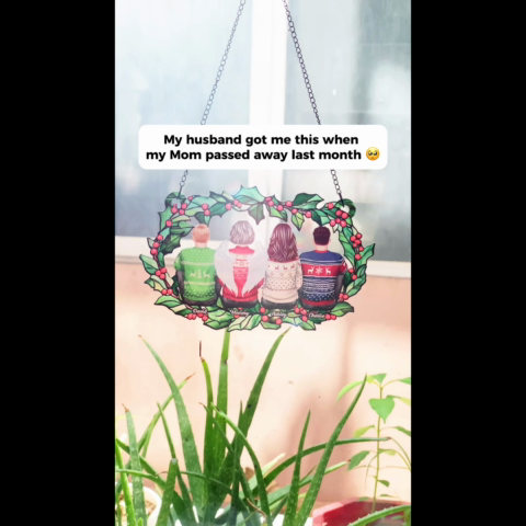 Family Sitting Back View Holly Branch Personalized Suncatcher, Heartfelt Memorial Gift For Your Loved One