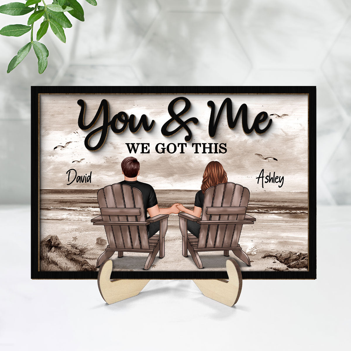 Retro Vintage Back View Couple Sitting Beach Landscape Personalized 2-Layer Wooden Plaque