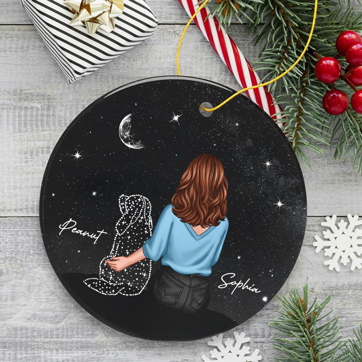 Woman And Dog Sitting Memorial Personalized Circle Ceramic Ornament