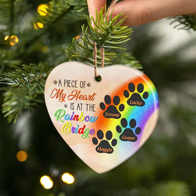 A Piece Of My Heart Is At The Rainbow Bridge - Dog Memorial Gift - Personalized Custom Heart Ceramic Ornament (AB) ornament The Next Custom Gift