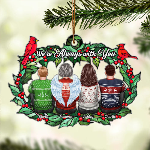 Christmas Family Sitting Back View Holly Branch Memorial Personalized Acrylic Ornament, Remembrance Gift, Sympathy Gift