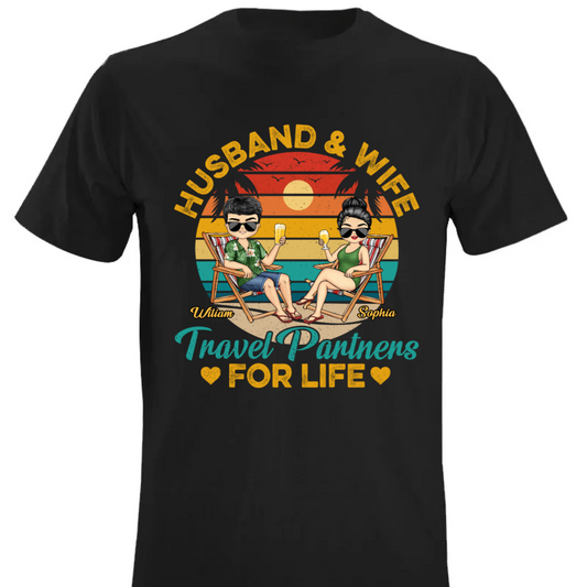 Husband And Wife Travel Partners For Life Beach Traveling Couple - Personalized Custom T Shirt