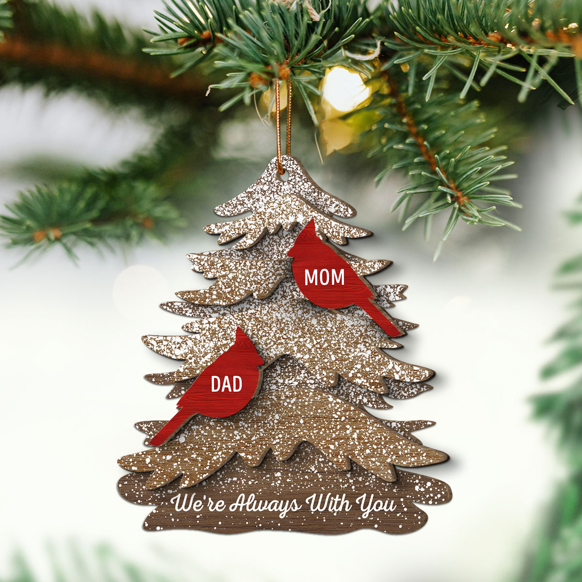Rustic Christmas Tree Cardinals Always With You Memorial Christmas Personalized 2-Layer Wooden Ornament, Remembrance Gift, Sympathy Gift