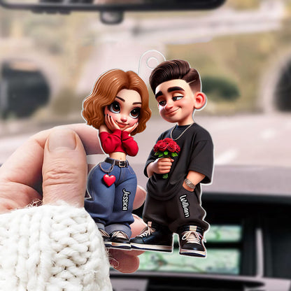 3D Effect Y2K Couple Personalized Acrylic Car Hanger, Valentine's Day Gift For Couple, For Him, For Her