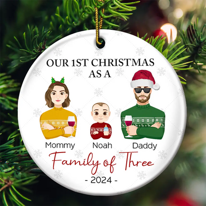 First Christmas As A Family Of Three Flat Art - Personalized Circle Acrylic Ornament