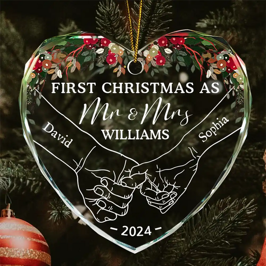 Holding Hands First Christmas Couple - Personalized Heart Shaped Acrylic Ornament