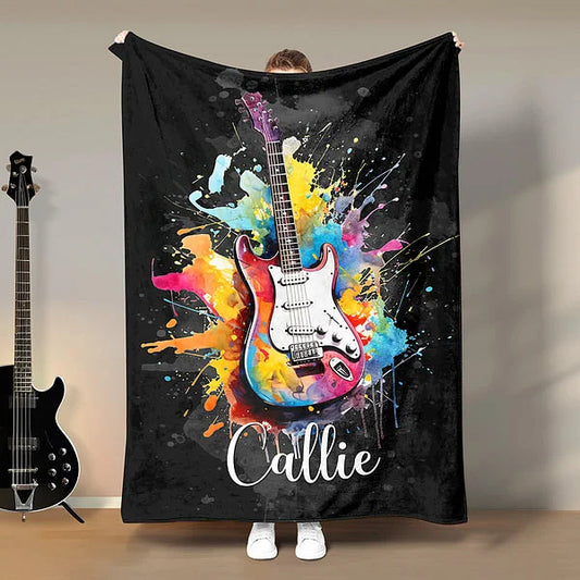 Personalised Multicolor Splash Ink Electric Guitar Soft Throw Blanket with Name Music Room Decor Gift for Guitar Player