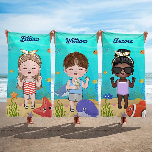 Personalised Cartoon Kid Character Marine Theme Oversized Quick Dry Beach Towel with Name Birthday Summer Vacation Accessories Gift for Boys Girls