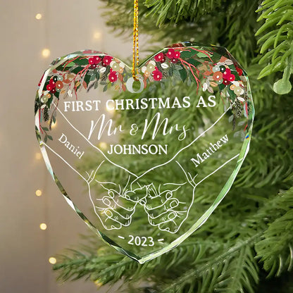 Holding Hands First Christmas Couple - Personalized Heart Shaped Acrylic Ornament