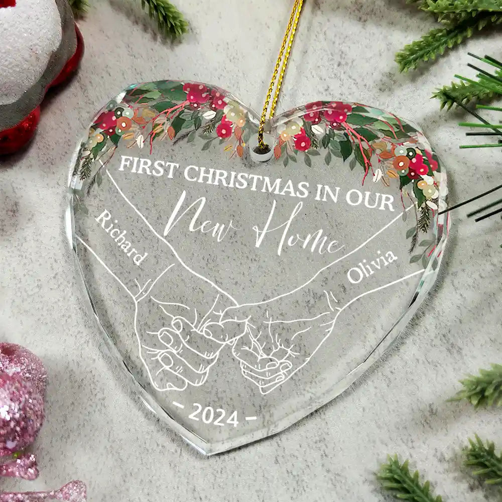 Holding Hands First Christmas Couple - Personalized Heart Shaped Acrylic Ornament