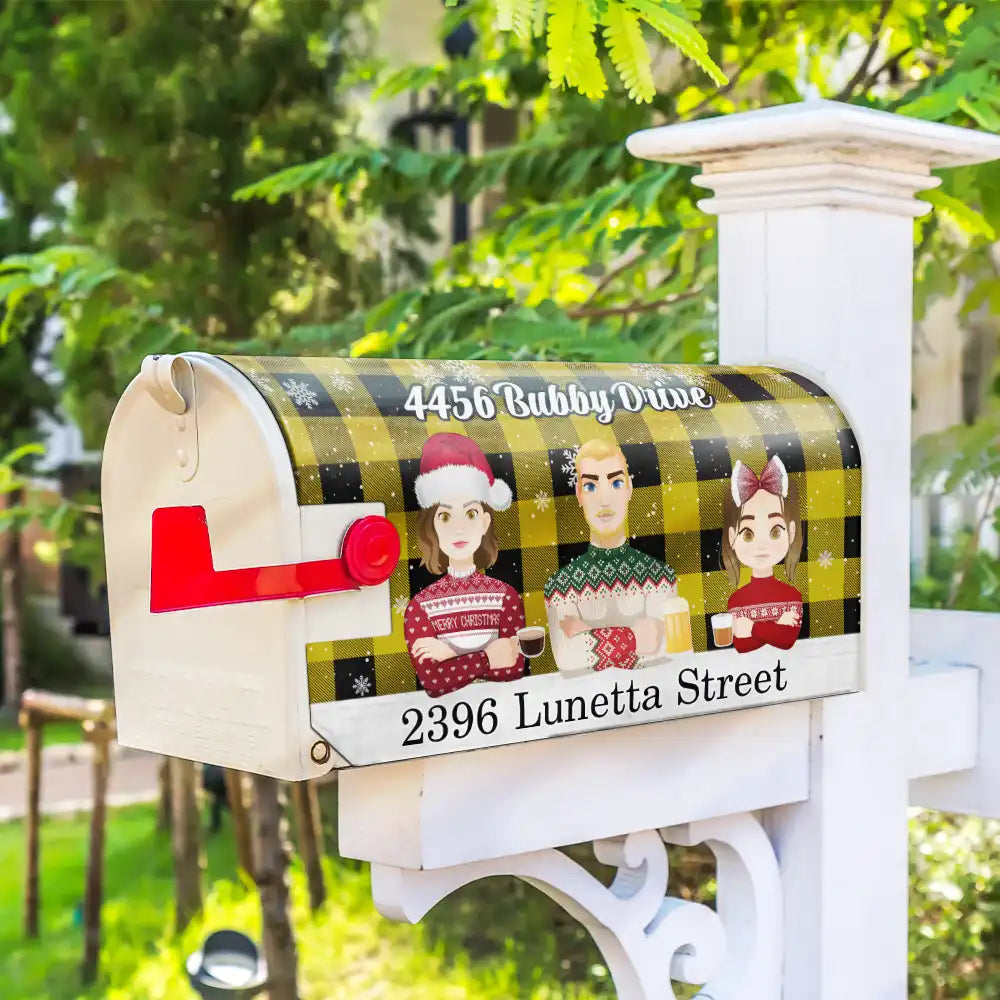 Christmas Family Plaid Check Pattern - Personalized Mailbox Cover