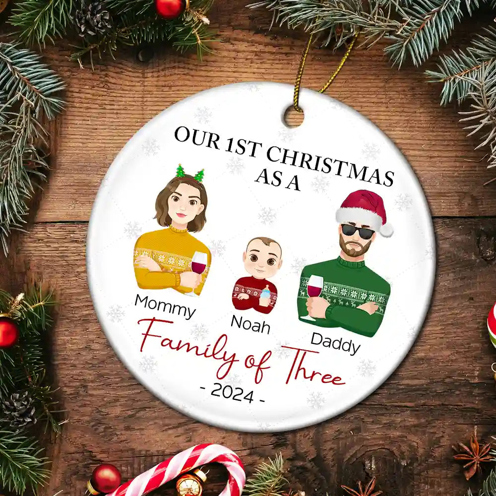 First Christmas As A Family Of Three Flat Art - Personalized Circle Acrylic Ornament