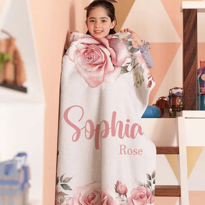 Personalised Cartoon Character Floral Design Soft Throw Blanket with Name Home Decor Birthday Christmas Gift for Kids Family