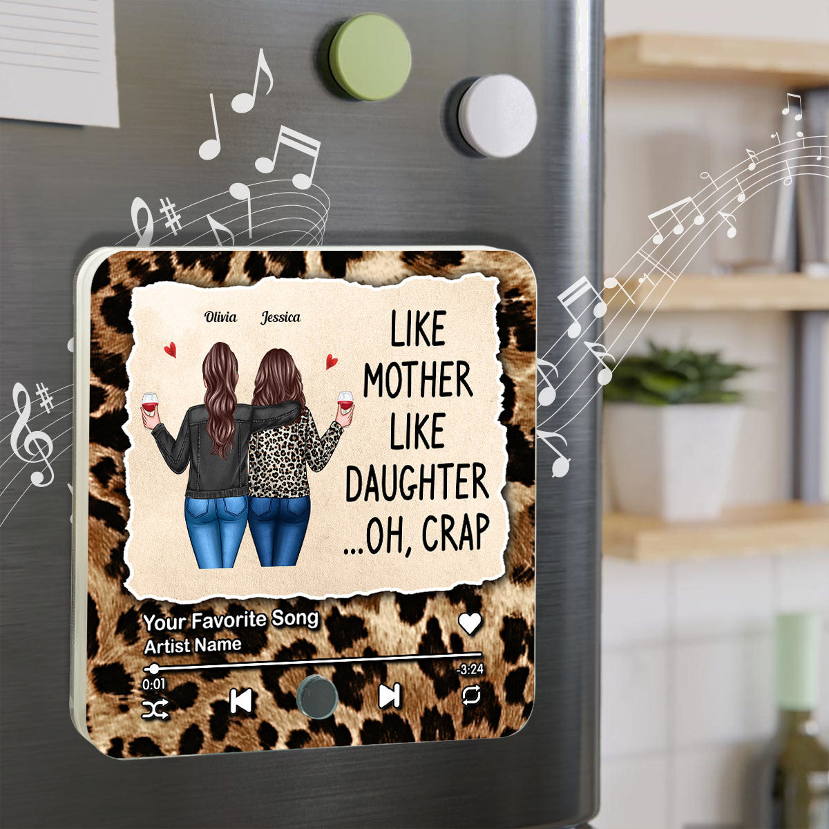 Like Mother Like Daughter Leopard Pattern Personalized Music Fridge Magnet, Funny Mother's Day Gift for Mom, Gift for her