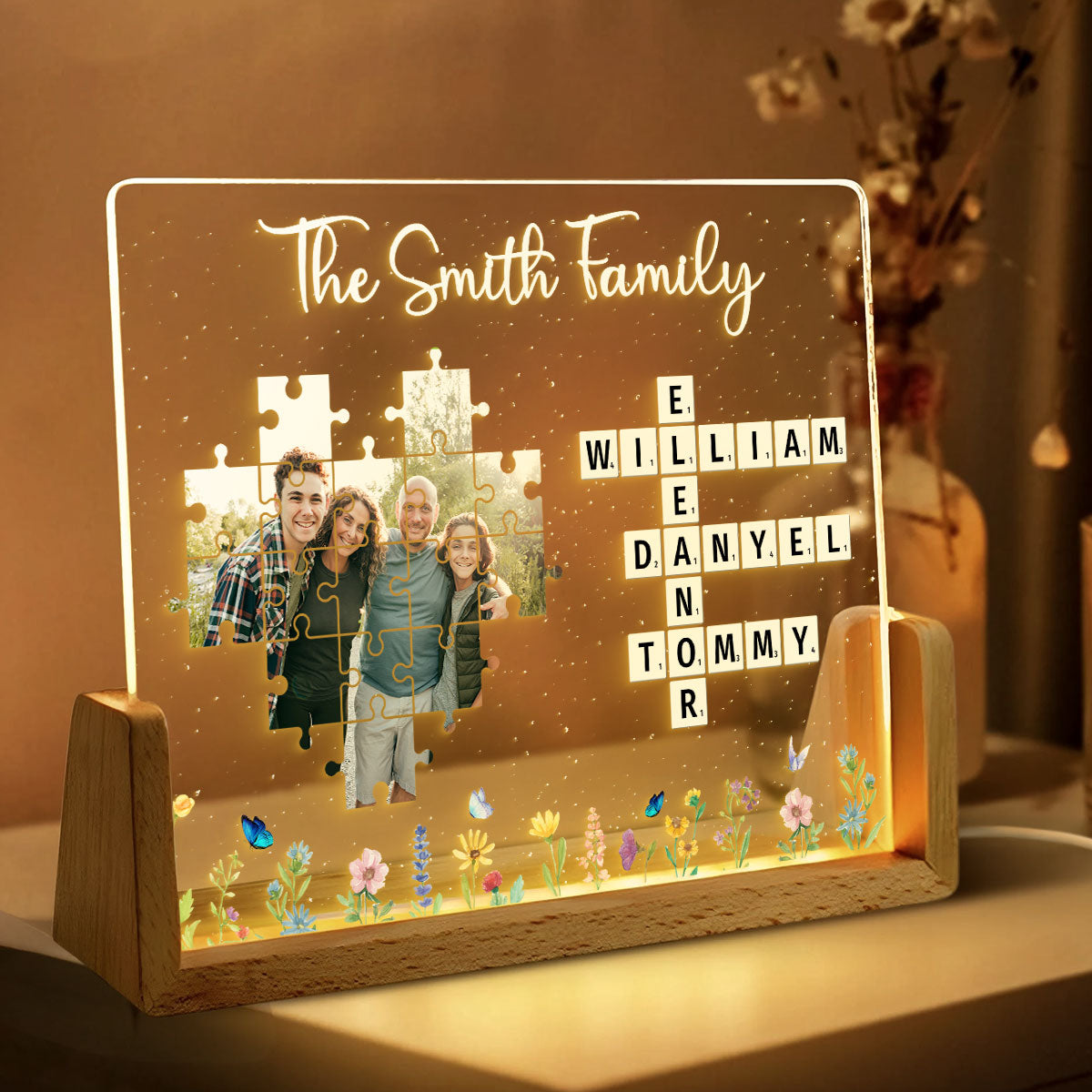 Family Crossword Puzzle Photo Uploaded Personalized U-Base Acrylic LED Night Light, Gift for Mom, Dad, Grandma