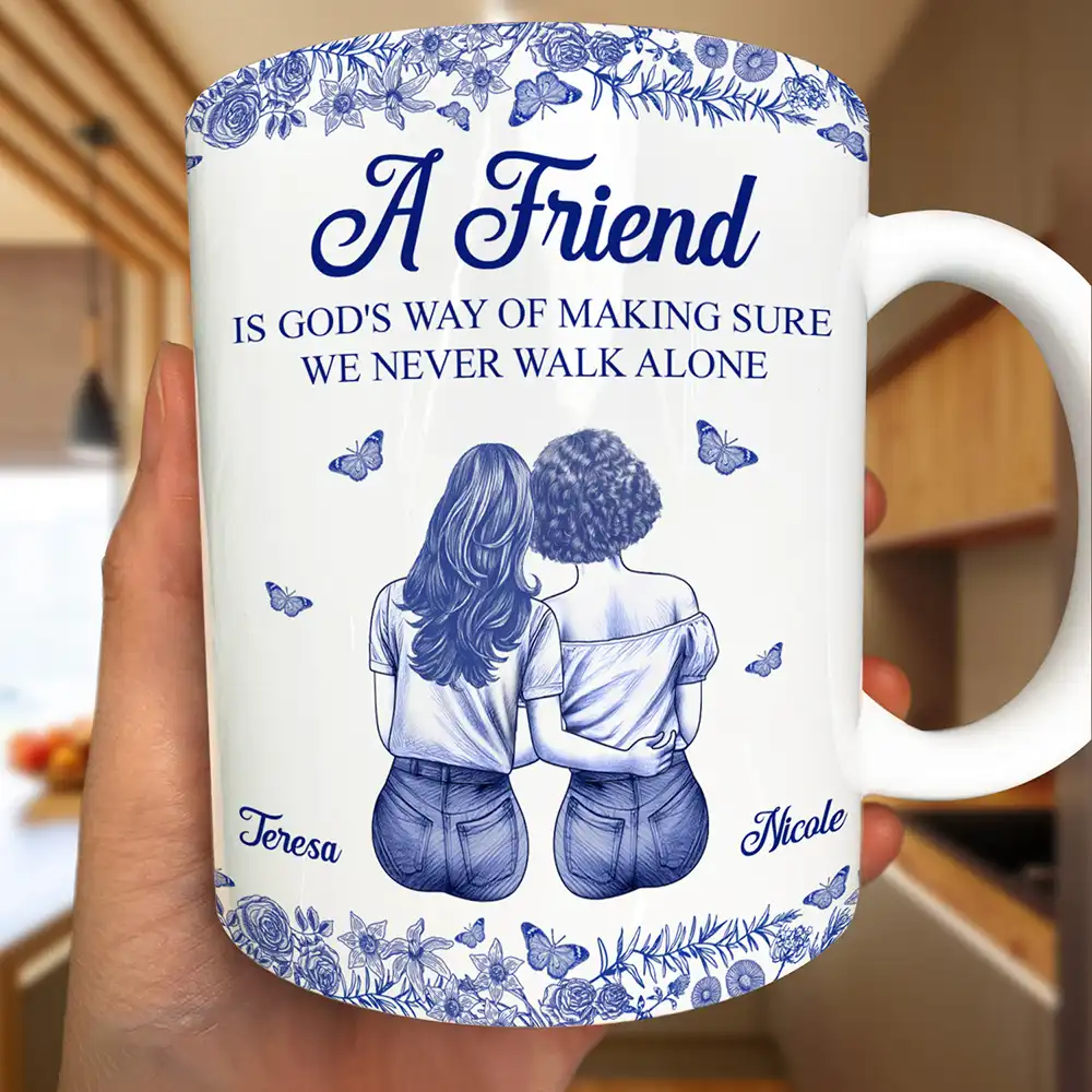 A Friend Is God's Way Toile Pattern - Personalized White Edge-to-Edge Mug