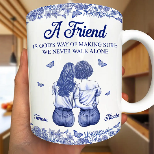 A Friend Is God's Way Toile Pattern - Personalized White Edge-to-Edge Mug
