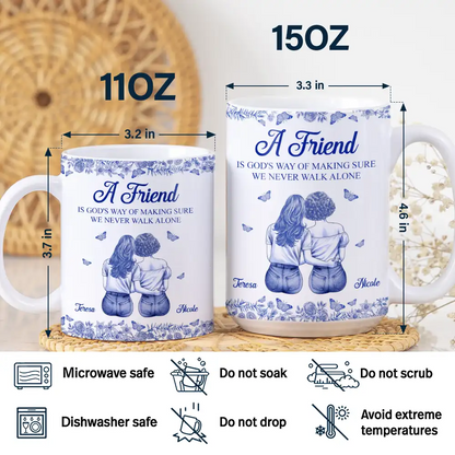 A Friend Is God's Way Toile Pattern - Personalized White Edge-to-Edge Mug