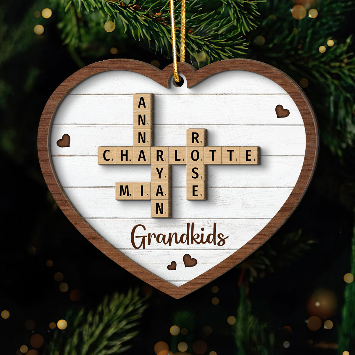 Grandkids Crossword Puzzle Art Personalized Heart Shaped 2-Layer Wooden Ornament, Christmas Gift For Grandma, Gift For Mom