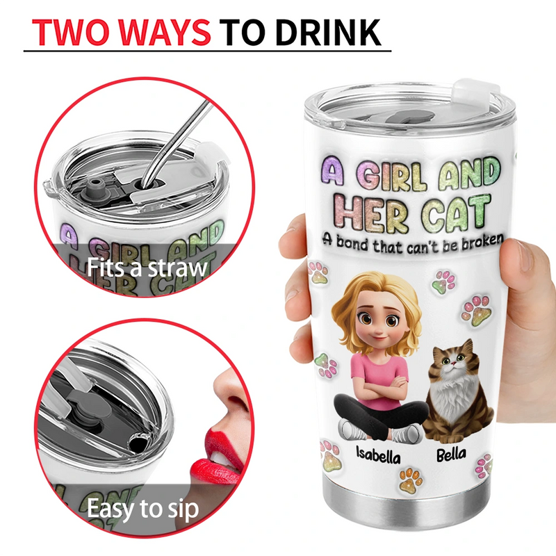 A Girl And Her Cat - 3D Inflated Effect Printed Tumbler, Personalized Tumbler