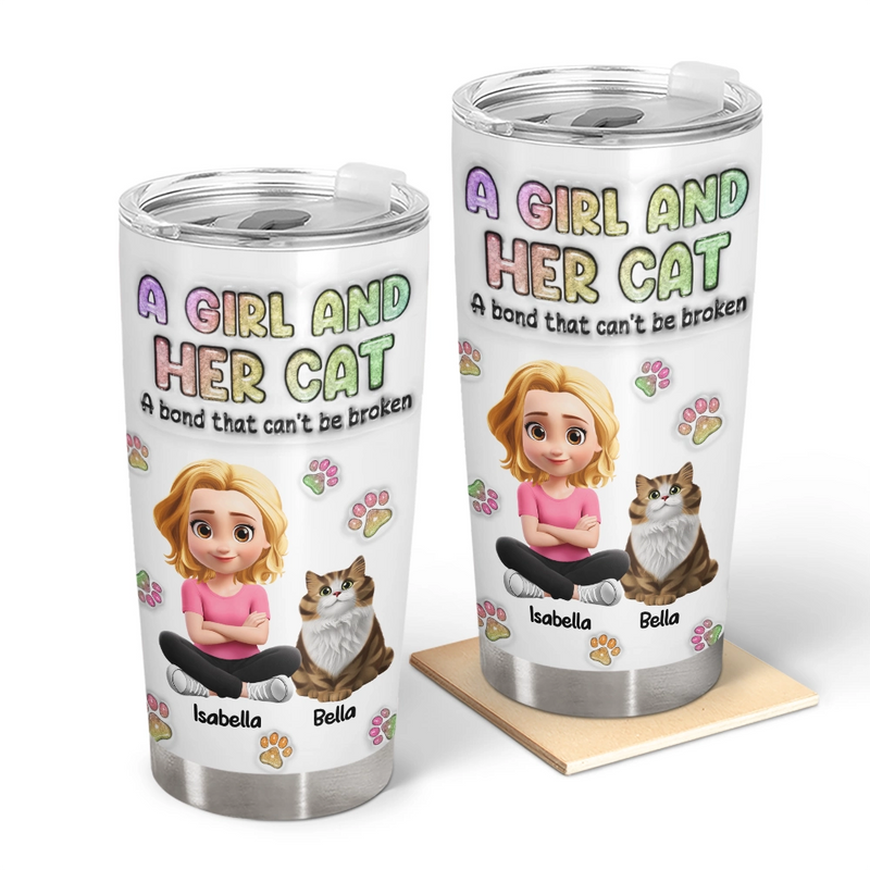 A Girl And Her Cat - 3D Inflated Effect Printed Tumbler, Personalized Tumbler