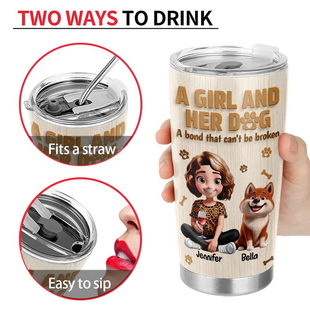 A Girl And Her Dog Wooden 3D Effect - Personalized Tumbler