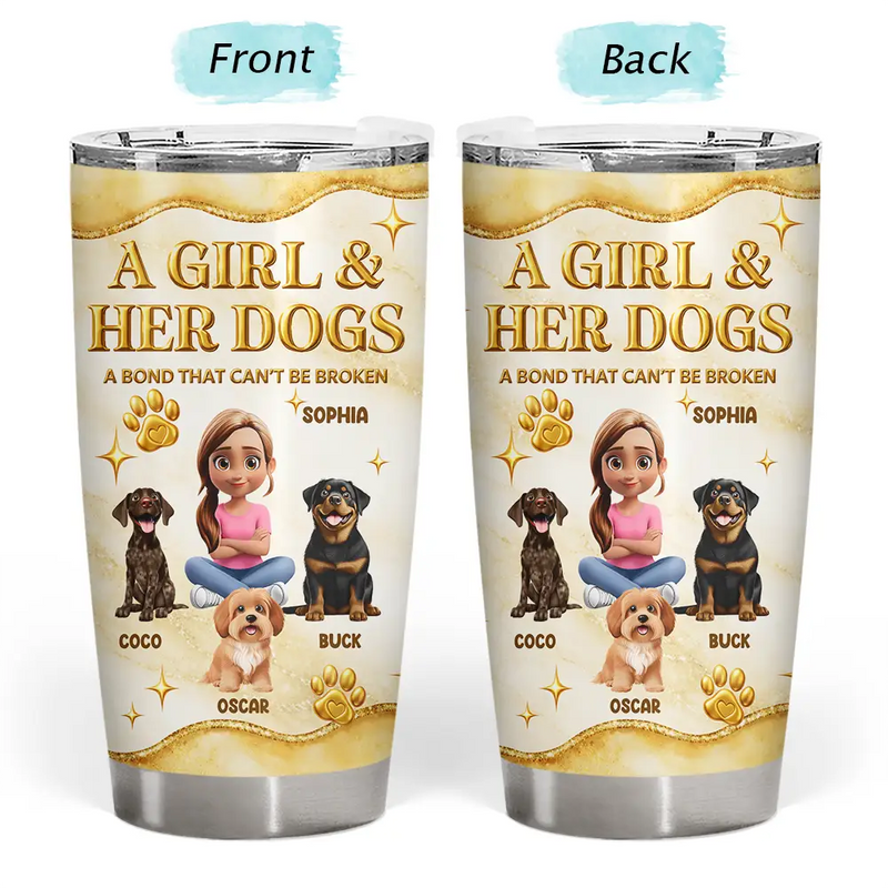 A Girl And Her Dogs 3D Golden Effect - Personalized Tumbler