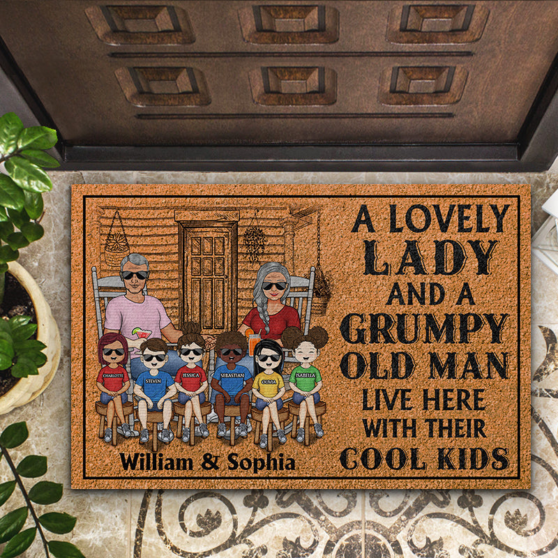 Family Couple A Lovely Lady And Her Grumpy Old Man Live Here With Their Cool Kids - Grandparent Gift - Personalized Custom Doormat