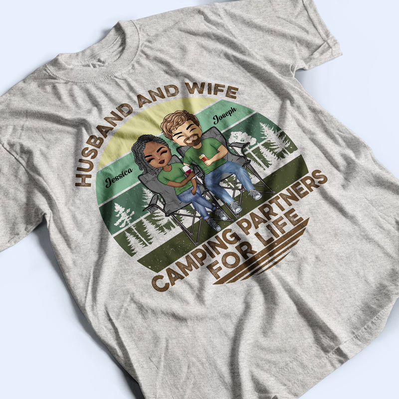 Husband Wife Sit By The Campfire And Watch People Camping - Couple Gift - Personalized Custom T Shirt