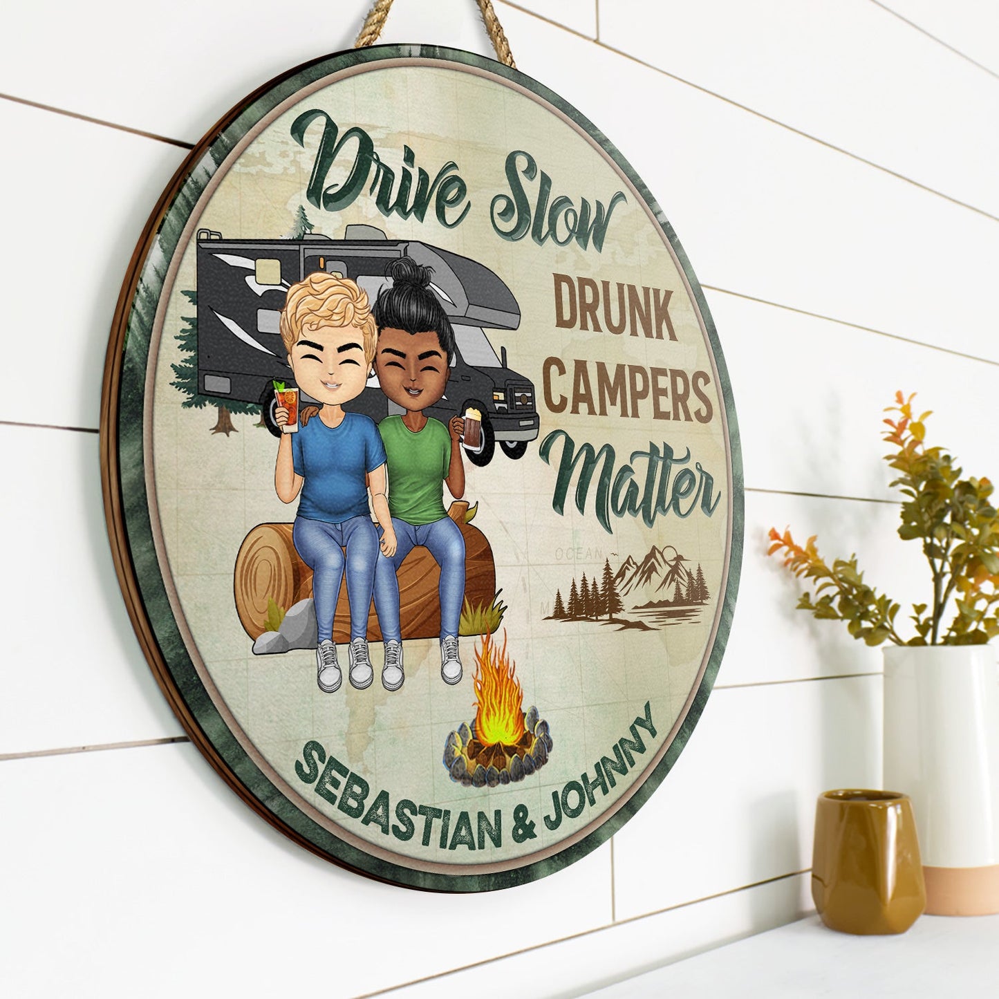 Husband And Wife Camping Partner For Life - Couple Gift - Personalized Custom Wood Circle Sign