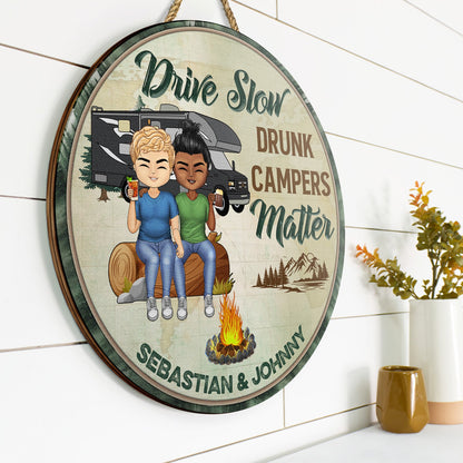 Husband And Wife Camping Partner For Life - Couple Gift - Personalized Custom Wood Circle Sign